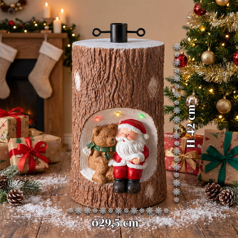 Base de sapin de Noël en forme de tronc avec LED animées et personnages 3D pour sapins jusqu’à 180 cm – cache-base en fer et magnésium avec fixation Ø 4 cm