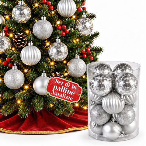 Set de 16 boules de Noël incassables de 7 cm – 4 finitions assorties brillantes, mates et pailletées – Décorations pour sapin et maison – Rouge, or, argent