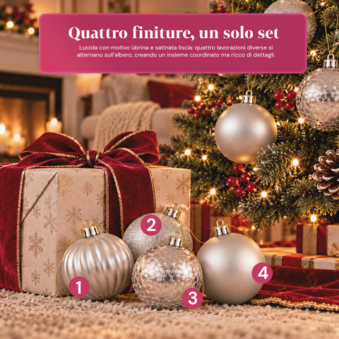 Set de 16 boules de Noël incassables de 7 cm – 4 finitions assorties brillantes, mates et pailletées – Décorations pour sapin et maison – Rouge, or, argent