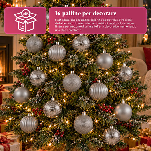 Set de 16 boules de Noël incassables de 7 cm – 4 finitions assorties brillantes, mates et pailletées – Décorations pour sapin et maison – Rouge, or, argent
