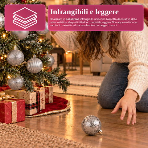 Set de 16 boules de Noël incassables de 7 cm – 4 finitions assorties brillantes, mates et pailletées – Décorations pour sapin et maison – Rouge, or, argent