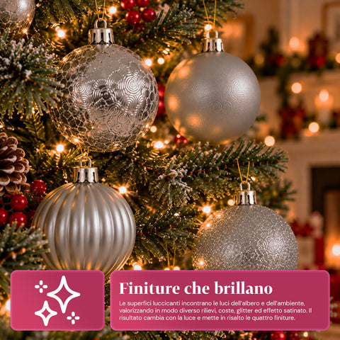 Set de 16 boules de Noël incassables de 7 cm – 4 finitions assorties brillantes, mates et pailletées – Décorations pour sapin et maison – Rouge, or, argent