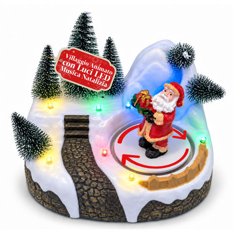 Village de Noël lumineux avec élément rotatif, lumières LED et musique – 3 variantes : sapin, père Noël, enfants – 17x14x15 cm