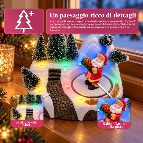 Village de Noël lumineux avec élément rotatif, lumières LED et musique – 3 variantes : sapin, père Noël, enfants – 17x14x15 cm