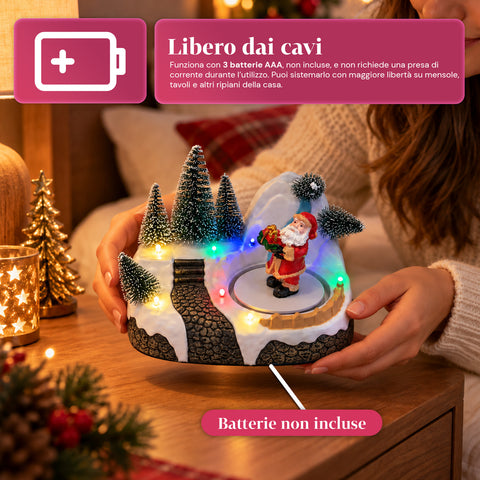 Village de Noël lumineux avec élément rotatif, lumières LED et musique – 3 variantes : sapin, père Noël, enfants – 17x14x15 cm
