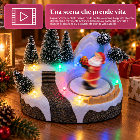Village de Noël lumineux avec élément rotatif, lumières LED et musique – 3 variantes : sapin, père Noël, enfants – 17x14x15 cm