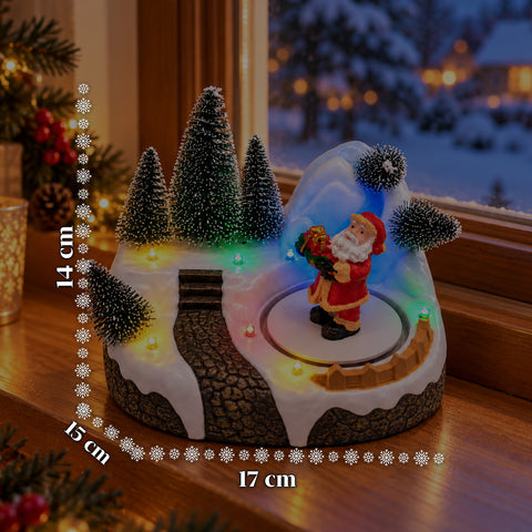 Village de Noël lumineux avec élément rotatif, lumières LED et musique – 3 variantes : sapin, père Noël, enfants – 17x14x15 cm