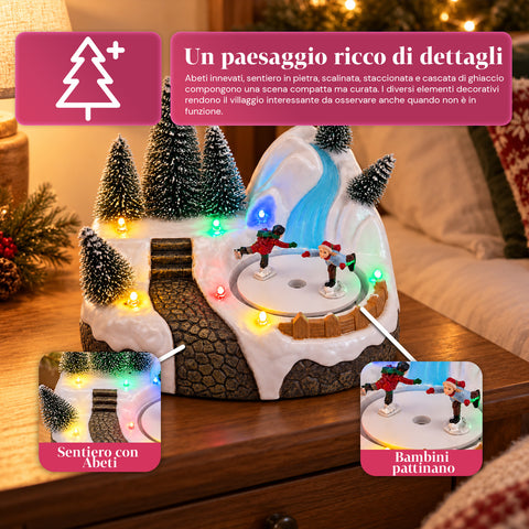 Village de Noël lumineux avec élément rotatif, lumières LED et musique – 3 variantes : sapin, père Noël, enfants – 17x14x15 cm
