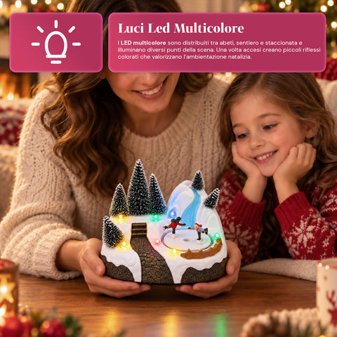 Village de Noël lumineux avec élément rotatif, lumières LED et musique – 3 variantes : sapin, père Noël, enfants – 17x14x15 cm
