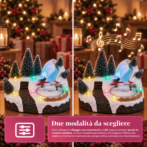 Village de Noël lumineux avec élément rotatif, lumières LED et musique – 3 variantes : sapin, père Noël, enfants – 17x14x15 cm