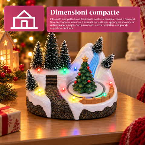 Village de Noël lumineux avec élément rotatif, lumières LED et musique – 3 variantes : sapin, père Noël, enfants – 17x14x15 cm