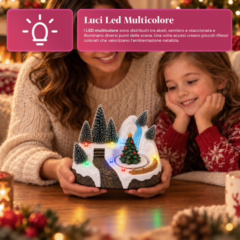Village de Noël lumineux avec élément rotatif, lumières LED et musique – 3 variantes : sapin, père Noël, enfants – 17x14x15 cm