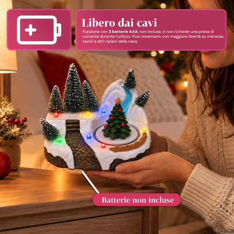 Village de Noël lumineux avec élément rotatif, lumières LED et musique – 3 variantes : sapin, père Noël, enfants – 17x14x15 cm