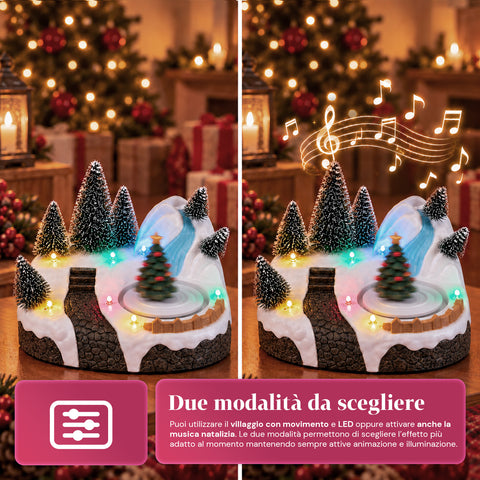 Village de Noël lumineux avec élément rotatif, lumières LED et musique – 3 variantes : sapin, père Noël, enfants – 17x14x15 cm