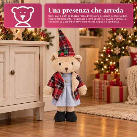 Ours décoratif de Noël de 85 cm, peluche décorative avec chapeau et tenue écossaise, base stable, tartan rouge ou marron