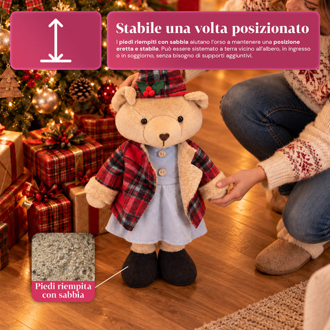 Ours décoratif de Noël de 85 cm, peluche décorative avec chapeau et tenue écossaise, base stable, tartan rouge ou marron