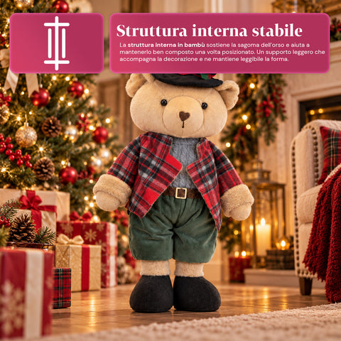 Ours décoratif de Noël de 85 cm, peluche décorative avec chapeau et tenue écossaise, base stable, tartan rouge ou marron