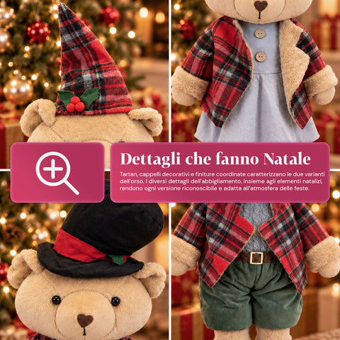 Ours décoratif de Noël de 85 cm, peluche décorative avec chapeau et tenue écossaise, base stable, tartan rouge ou marron
