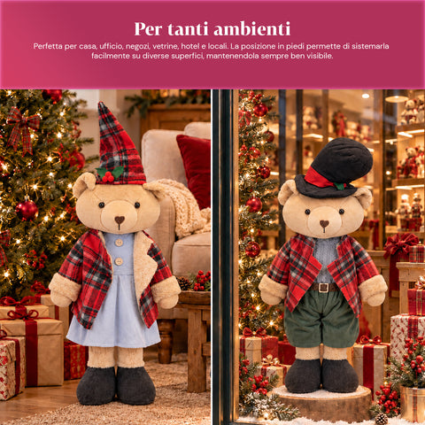 Ours décoratif de Noël de 85 cm, peluche décorative avec chapeau et tenue écossaise, base stable, tartan rouge ou marron