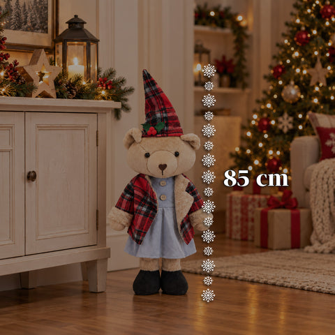 Ours décoratif de Noël de 85 cm, peluche décorative avec chapeau et tenue écossaise, base stable, tartan rouge ou marron