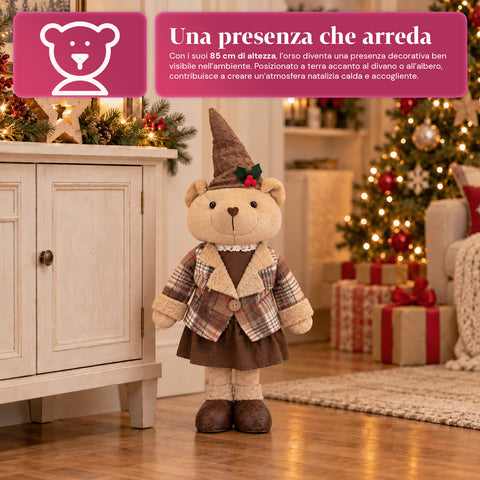 Ours décoratif de Noël de 85 cm, peluche décorative avec chapeau et tenue écossaise, base stable, tartan rouge ou marron