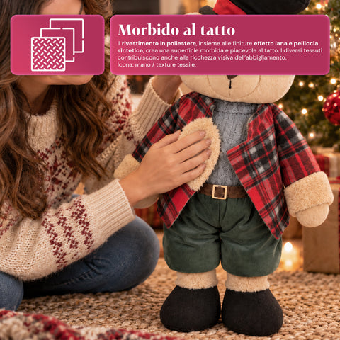 Ours décoratif de Noël de 85 cm, peluche décorative avec chapeau et tenue écossaise, base stable, tartan rouge ou marron