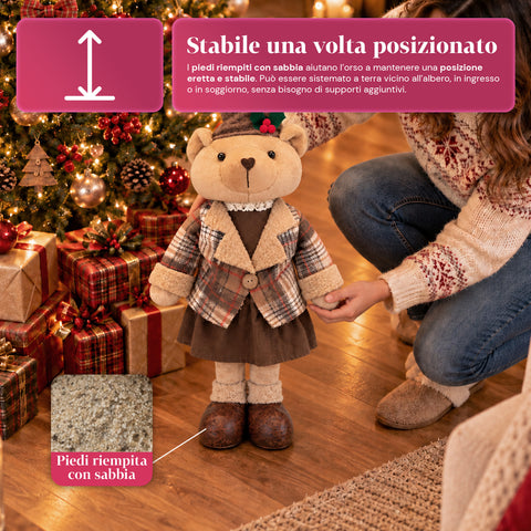 Ours décoratif de Noël de 85 cm, peluche décorative avec chapeau et tenue écossaise, base stable, tartan rouge ou marron