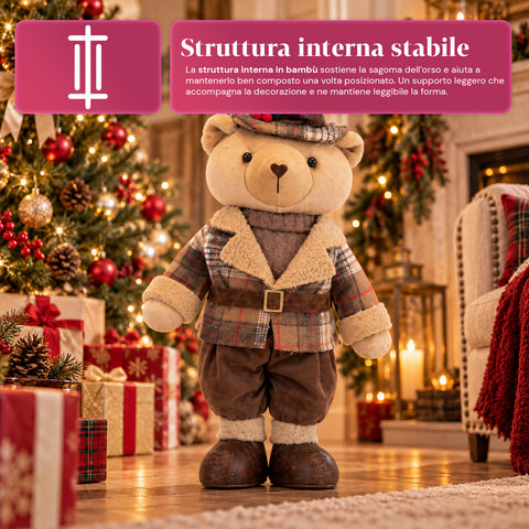 Ours décoratif de Noël de 85 cm, peluche décorative avec chapeau et tenue écossaise, base stable, tartan rouge ou marron