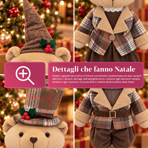 Ours décoratif de Noël de 85 cm, peluche décorative avec chapeau et tenue écossaise, base stable, tartan rouge ou marron