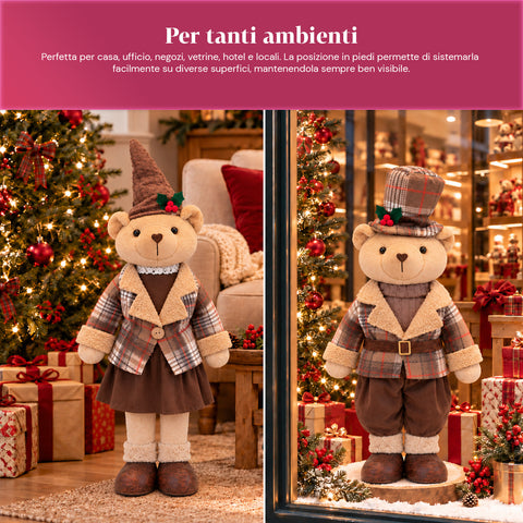 Ours décoratif de Noël de 85 cm, peluche décorative avec chapeau et tenue écossaise, base stable, tartan rouge ou marron
