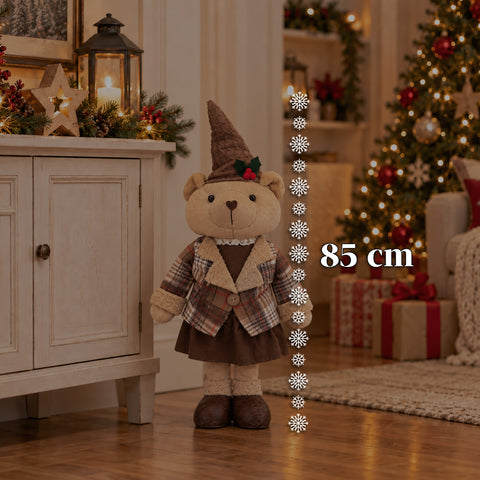 Ours décoratif de Noël de 85 cm, peluche décorative avec chapeau et tenue écossaise, base stable, tartan rouge ou marron