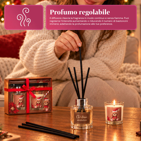 Coffret parfum d’intérieur avec diffuseur à bâtonnets et bougie parfumée, fragrances de Noël, coffret cadeau de Noël