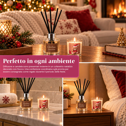 Coffret parfum d’intérieur avec diffuseur à bâtonnets et bougie parfumée, fragrances de Noël, coffret cadeau de Noël