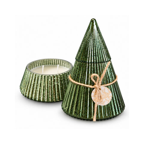 Bougie parfumée en verre décoré en forme de sphère ou de sapin – Parfums de pin, de cannelle et de vanille – Contenant réutilisable