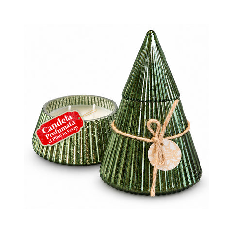 Bougie parfumée en verre décoré en forme de sphère ou de sapin – Parfums de pin, de cannelle et de vanille – Contenant réutilisable