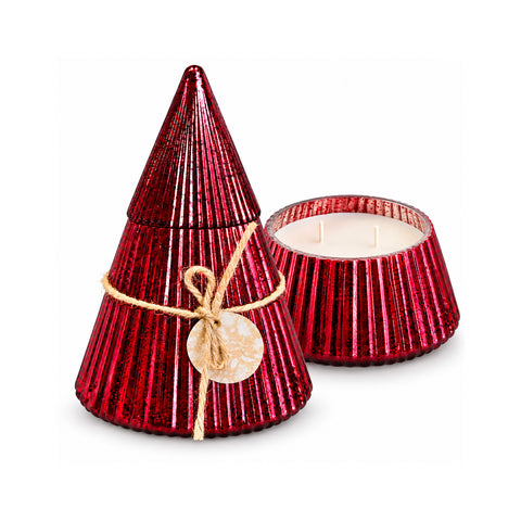 Bougie parfumée en verre décoré en forme de sphère ou de sapin – Parfums de pin, de cannelle et de vanille – Contenant réutilisable