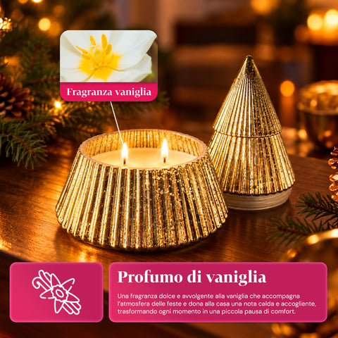 Bougie parfumée en verre décoré en forme de sphère ou de sapin – Parfums de pin, de cannelle et de vanille – Contenant réutilisable
