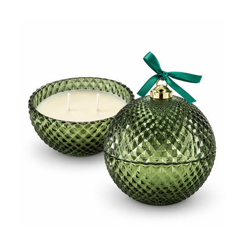 Bougie parfumée en verre décoré en forme de sphère ou de sapin – Parfums de pin, de cannelle et de vanille – Contenant réutilisable
