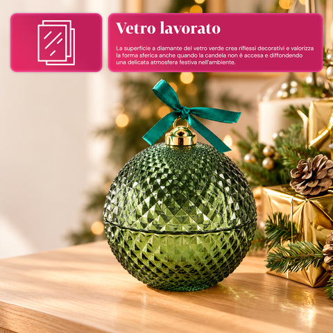 Bougie parfumée en verre décoré en forme de sphère ou de sapin – Parfums de pin, de cannelle et de vanille – Contenant réutilisable