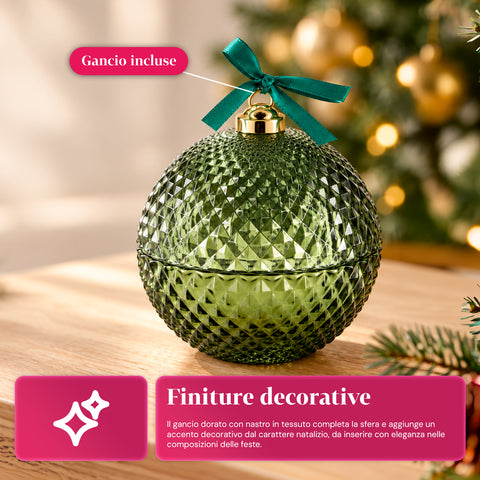 Bougie parfumée en verre décoré en forme de sphère ou de sapin – Parfums de pin, de cannelle et de vanille – Contenant réutilisable