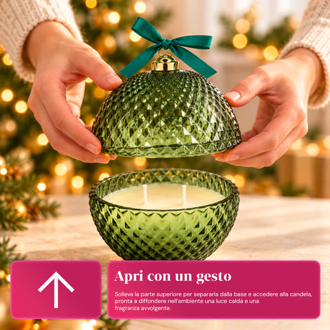 Bougie parfumée en verre décoré en forme de sphère ou de sapin – Parfums de pin, de cannelle et de vanille – Contenant réutilisable