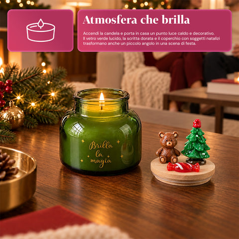 Bougie parfumée dans un pot en verre avec couvercle décoré – Parfums de pin, de cannelle et de vanille – Contenant réutilisable avec inscription