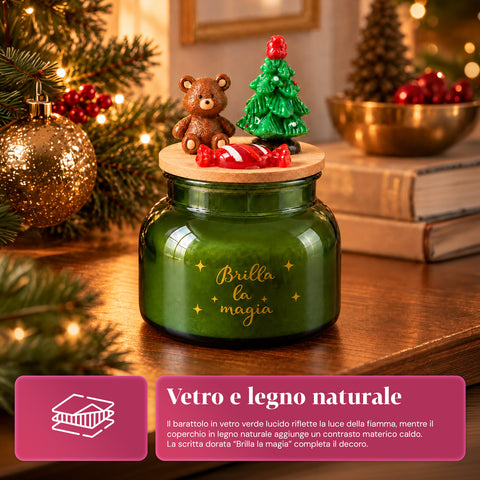 Bougie parfumée dans un pot en verre avec couvercle décoré – Parfums de pin, de cannelle et de vanille – Contenant réutilisable avec inscription