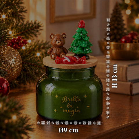 Bougie parfumée dans un pot en verre avec couvercle décoré – Parfums de pin, de cannelle et de vanille – Contenant réutilisable avec inscription