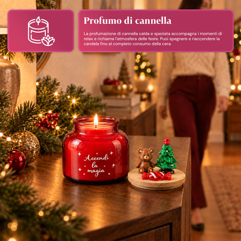Bougie parfumée dans un pot en verre avec couvercle décoré – Parfums de pin, de cannelle et de vanille – Contenant réutilisable avec inscription