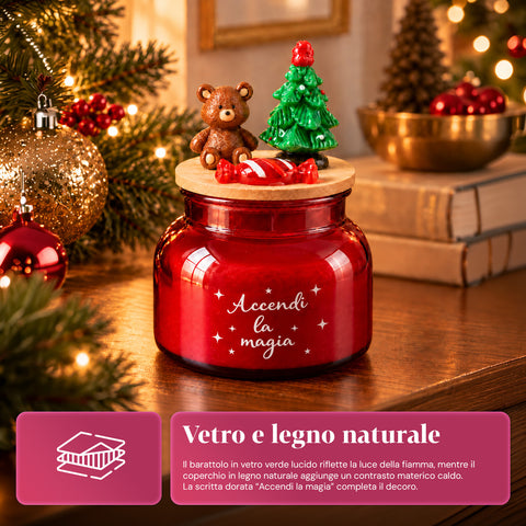 Bougie parfumée dans un pot en verre avec couvercle décoré – Parfums de pin, de cannelle et de vanille – Contenant réutilisable avec inscription
