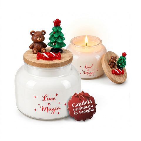 Bougie parfumée dans un pot en verre avec couvercle décoré – Parfums de pin, de cannelle et de vanille – Contenant réutilisable avec inscription