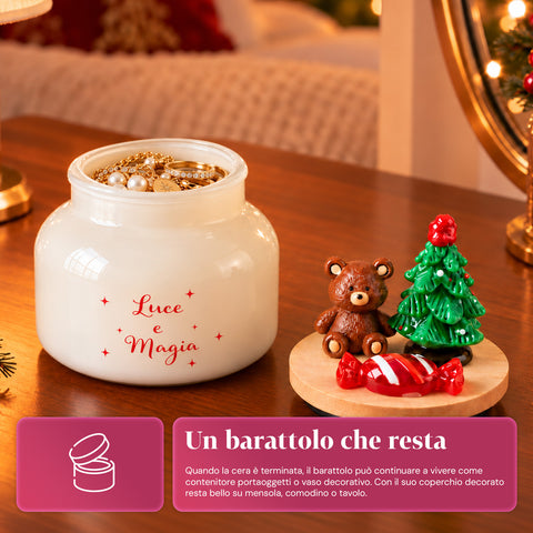 Bougie parfumée dans un pot en verre avec couvercle décoré – Parfums de pin, de cannelle et de vanille – Contenant réutilisable avec inscription