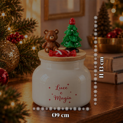 Bougie parfumée dans un pot en verre avec couvercle décoré – Parfums de pin, de cannelle et de vanille – Contenant réutilisable avec inscription