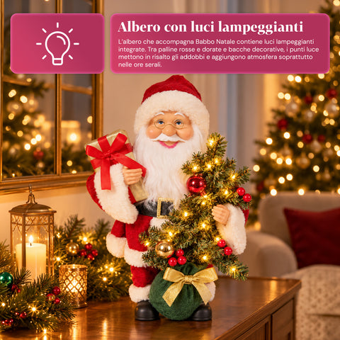 Père Noël avec sapin de 40 cm, figurine musicale de Noël avec lumières clignotantes, piles incluses, boîte mystère